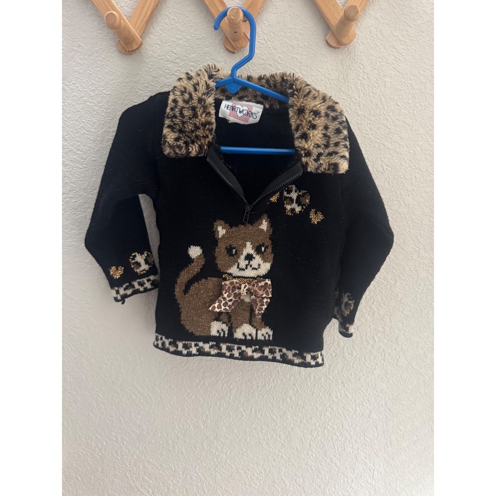 Heartworks Vintage Cat Sweater Faux Fur Leopard Collar Black Gold Knit 2T